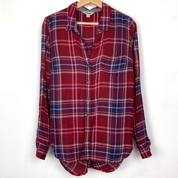 Lucky Brand Bungalow Plaid Red Blue and White Button Down Shirt back Vent Size L - Picture 4 of 8